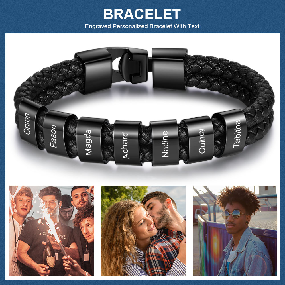 À mon homme - Bracelet en cuir tressé à perles personnalisé pour petit-ami / mari avec 7 prénoms gravés