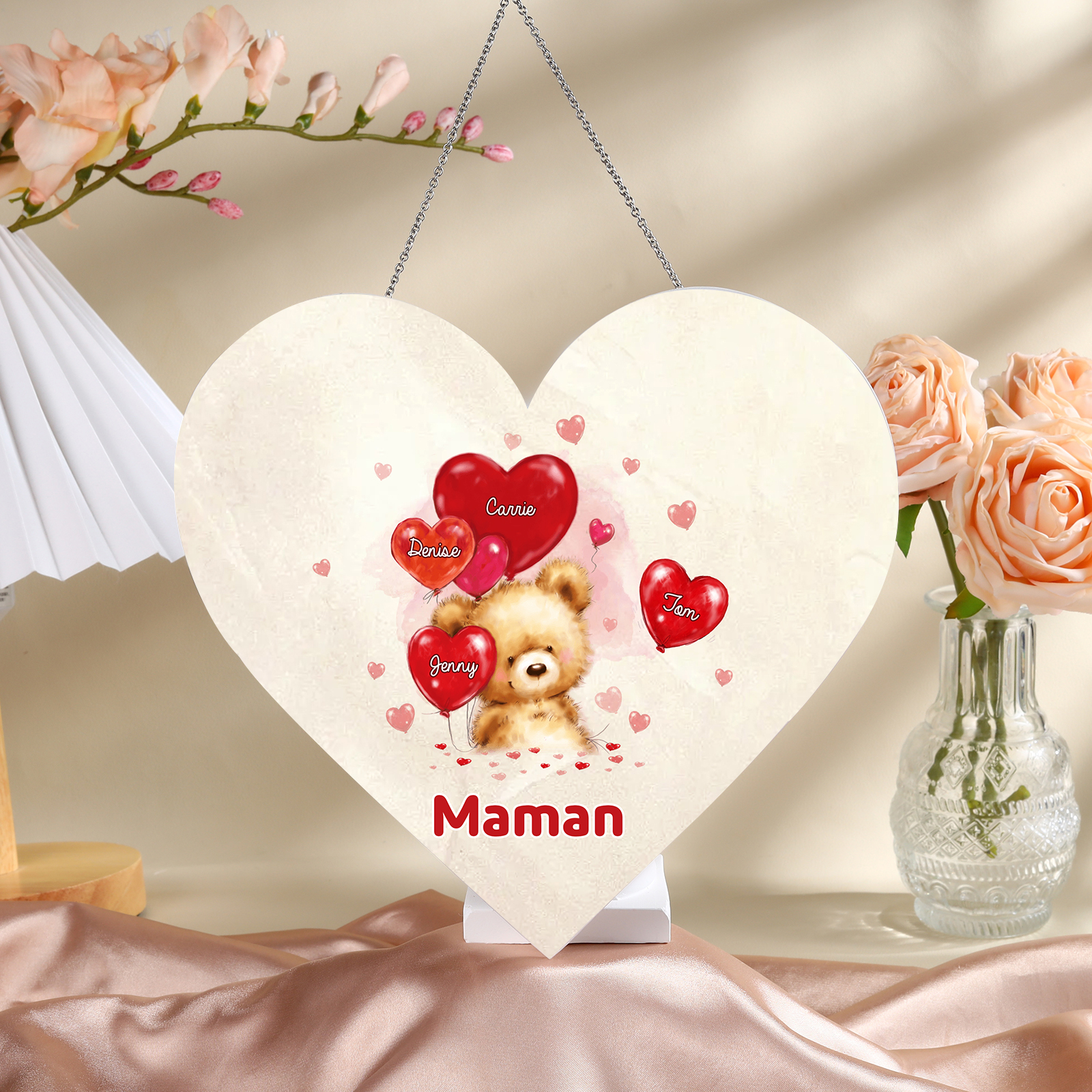 À Maman/Mamie - Veilleuse Cœur Décoration Ours 4 Prénoms Personnalisés avec 1 Texte