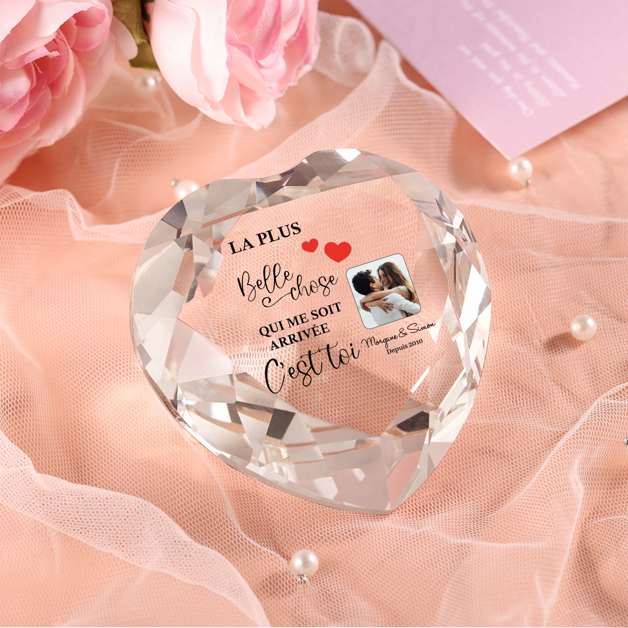 Décoration Cristal Cœur 2 Prénoms et 1 Photo Personnalisés avec Date pour Couple