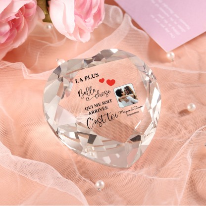 Décoration Cristal Cœur 2 Prénoms et 1 Photo Personnalisés avec Date pour Couple