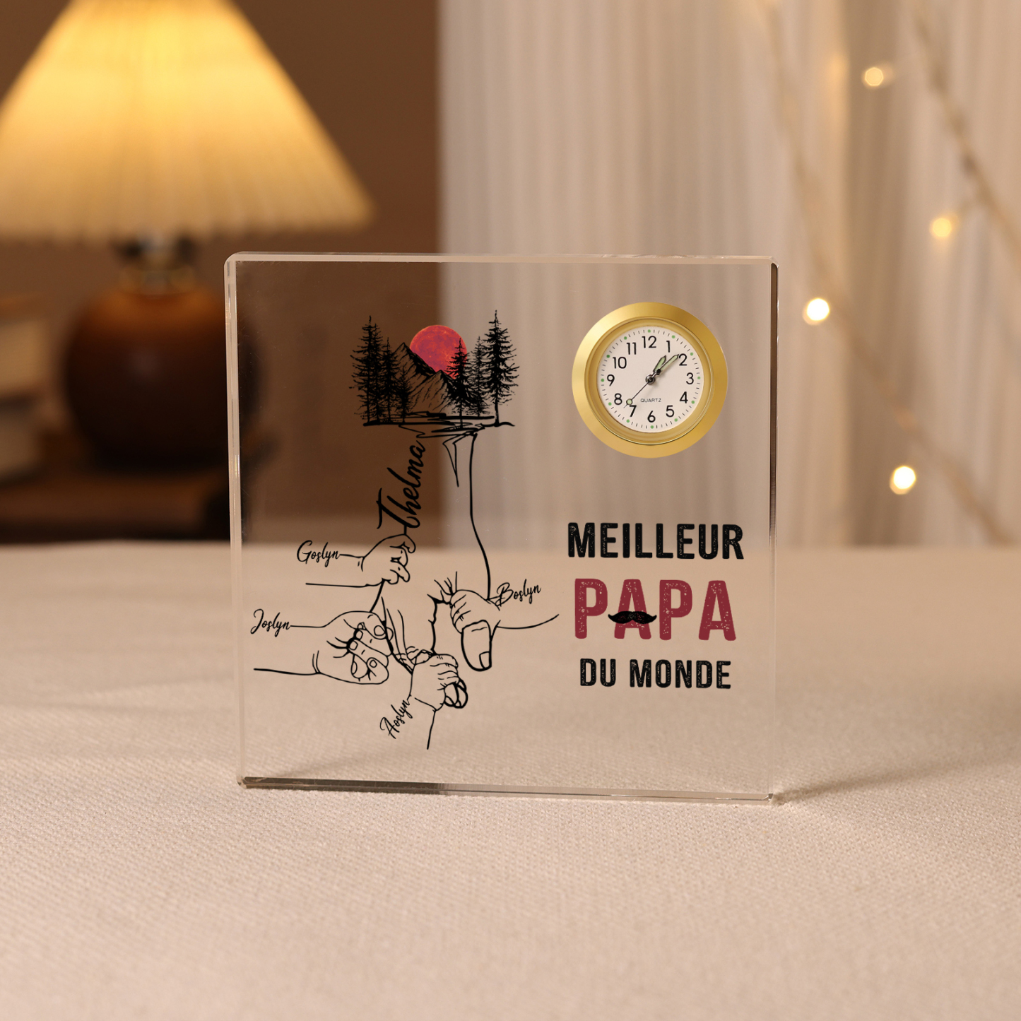 À mon Papa - Plaque Acrylique Carré avec Horloge la main dans la main 5 Prénoms Personnalisés