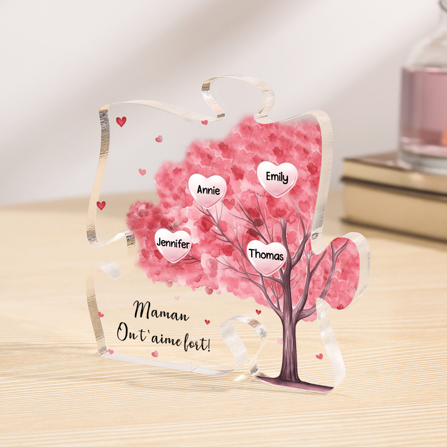 Plaque Acrylique en forme de Puzzle Arbre 4 Prénoms et 1 Texte Personnalisés