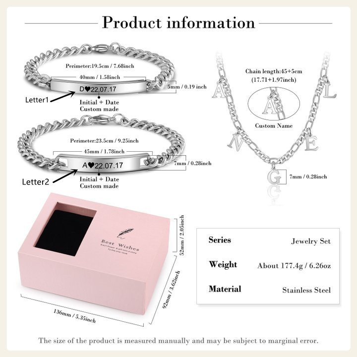 Collier et Bracelet Combinaison Prénom Personnalisé avec lettres pour Un couple