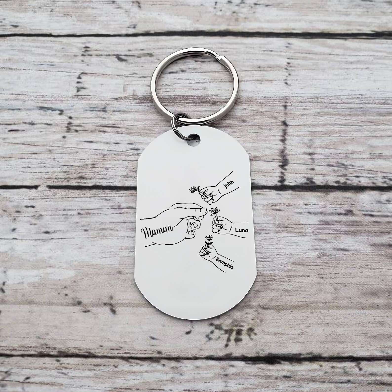 À ma Maman/Mamie - Porte-Clés 2-7 Prénoms Personnalisés Porte-Clés Mains et Fleurs