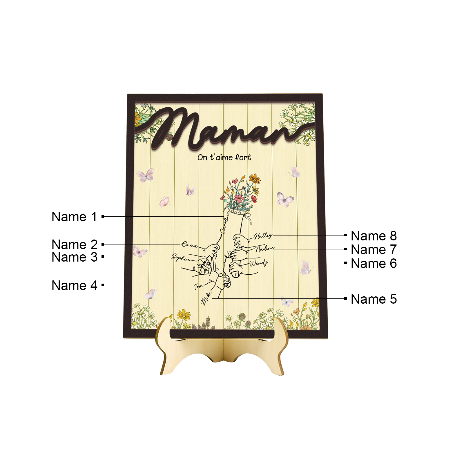 À Maman - Décoration en bois la Main dans la Main 8 Prénoms Personnalisés Ornement Famille