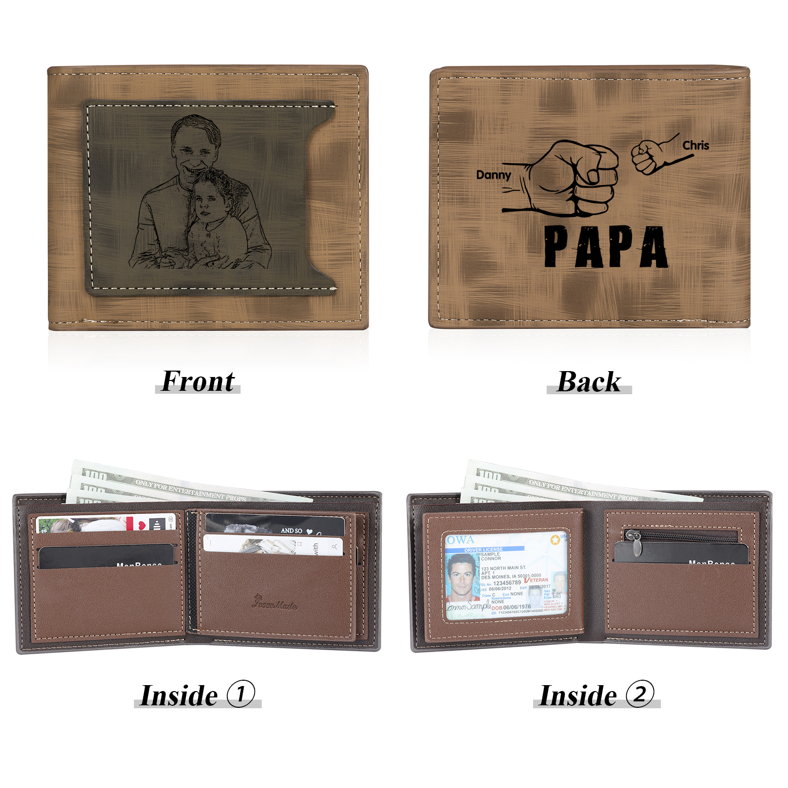 À mon Papa - Portefeuille Poings 2 Prénoms Personnalisés avec Photo Classique Homme Porte-Monnaie Carte