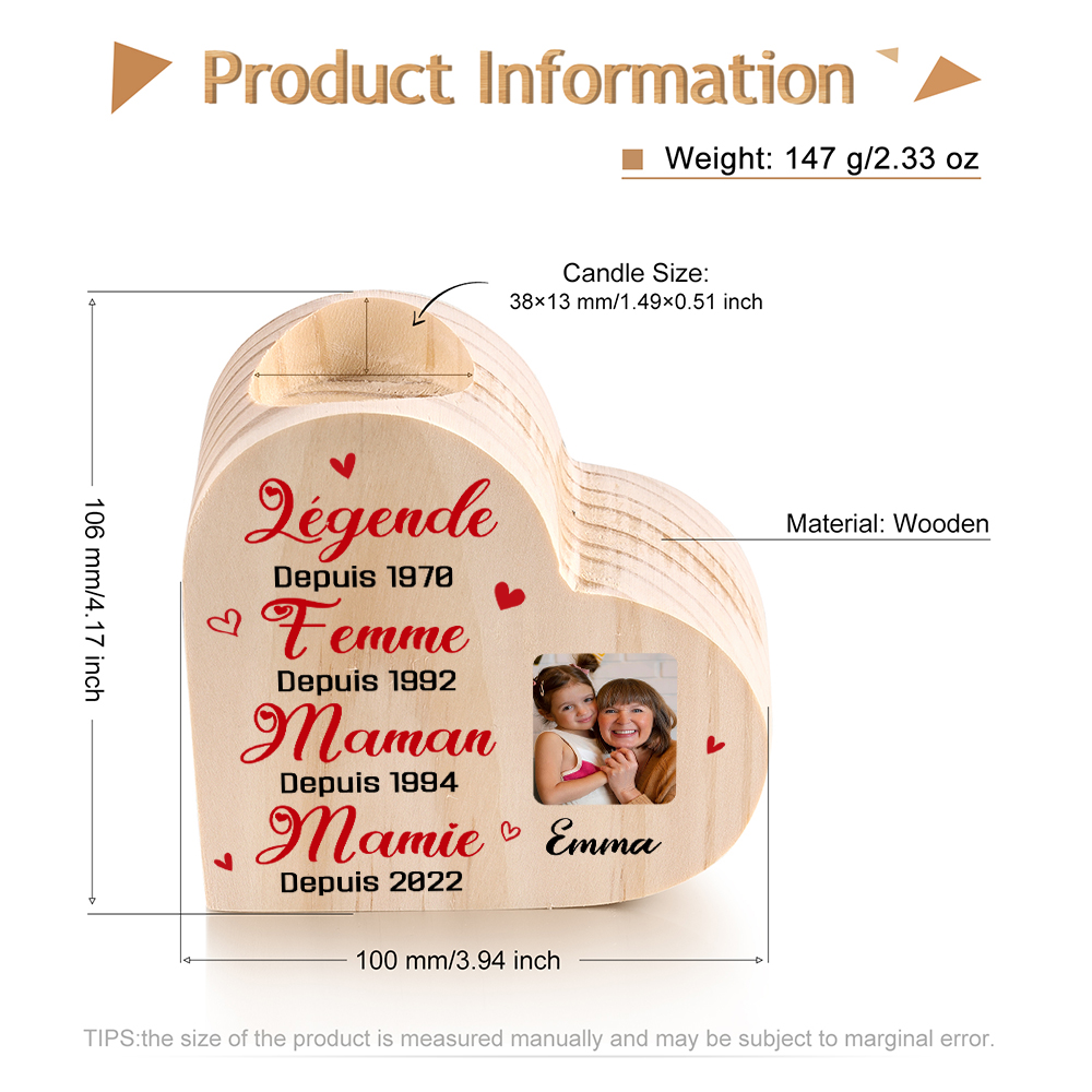 À Ma Mamie - Bougeoir en Bois 1 Prénom et 4 Années Personnalisés avec Photo sans bougie