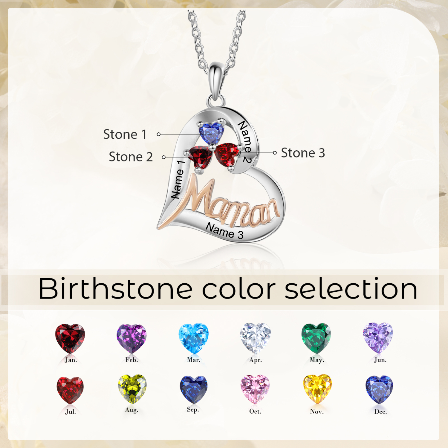 3PCS Coffret Cadeau - Portefeuille, Collier Coeur et Carte Personnalisés avec 3 Prénoms et Dessins Enfant et Pierres de Naissance | Jessemade