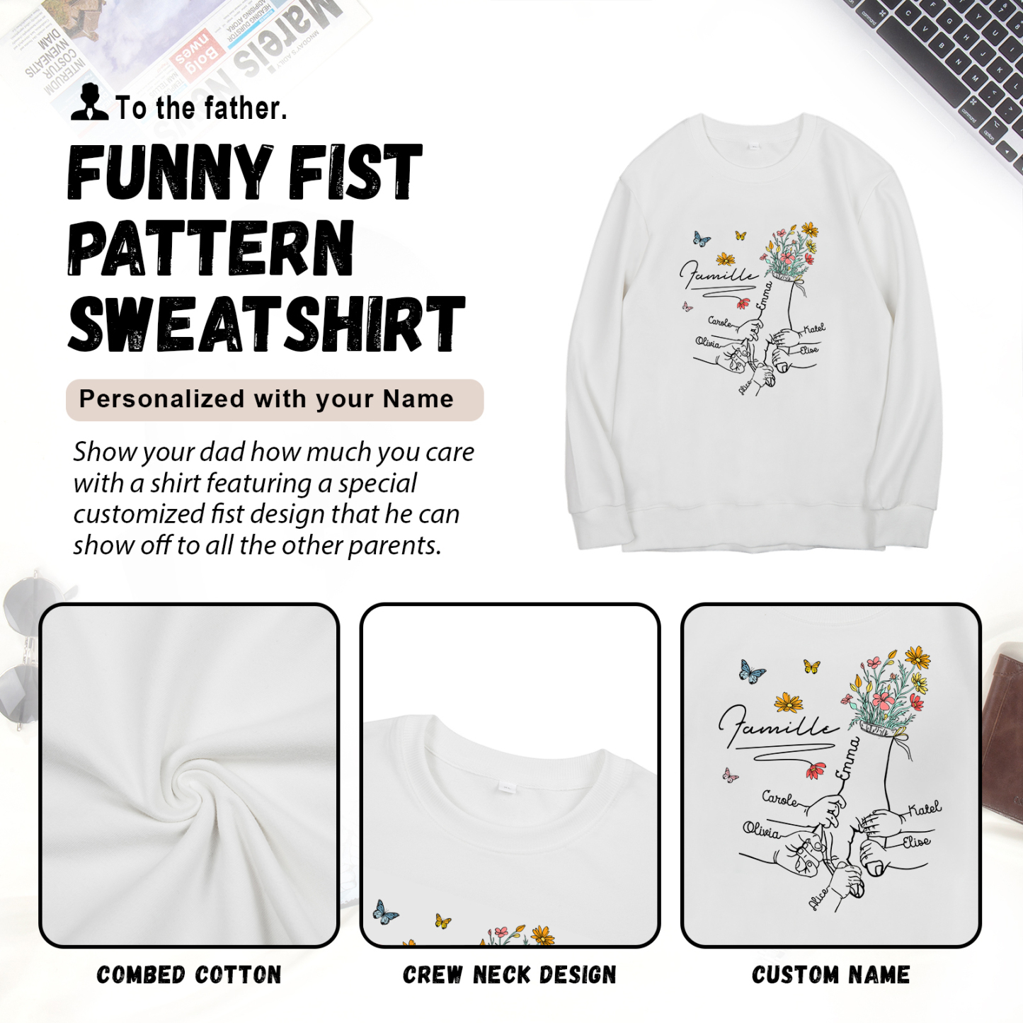 Sweat-Shirt la main dans la main 6 Prénoms Personnalisés avec Texte