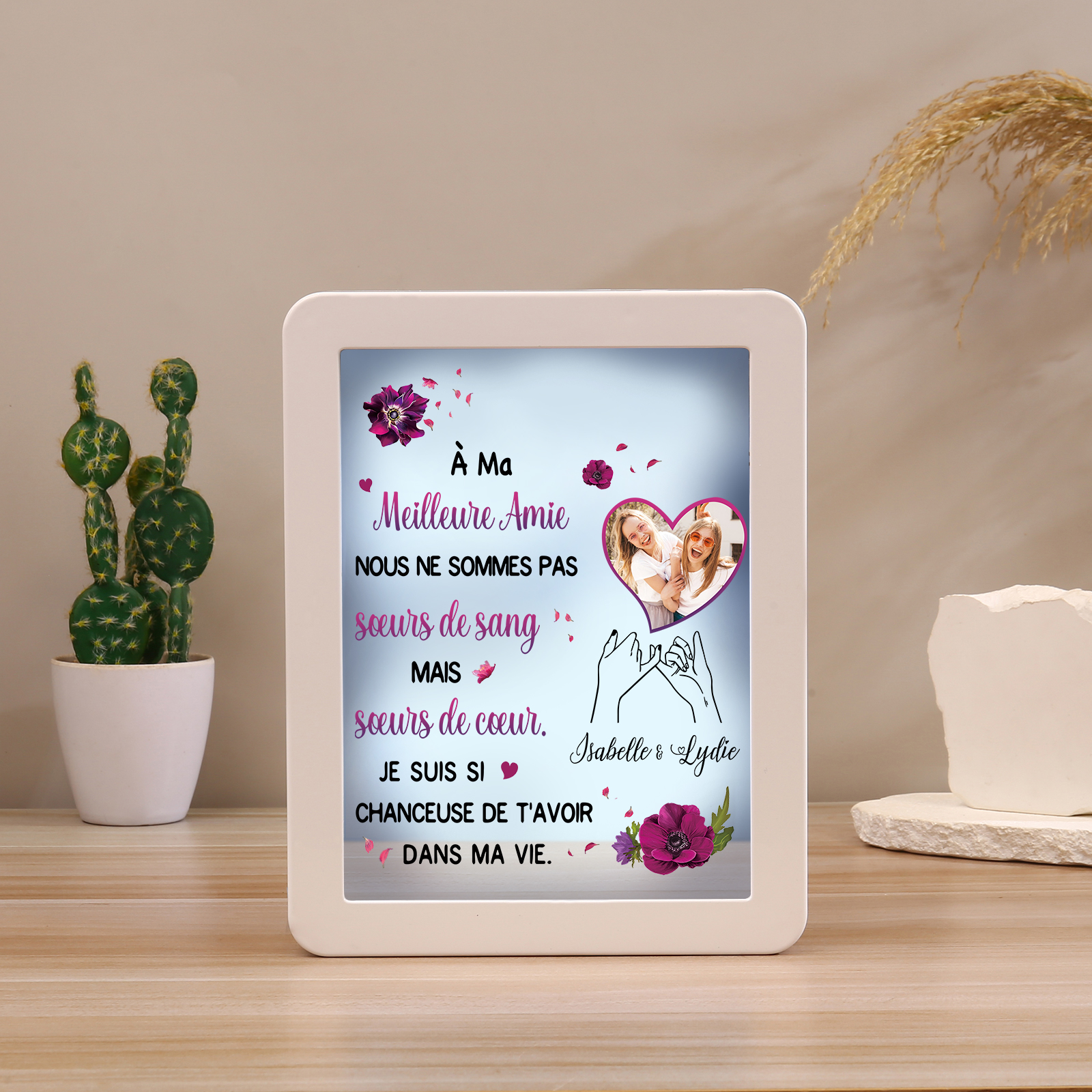 À ma Meilleure Amie - Cadre Photo/Miroir LED multifonctionnel 2 Prénoms Personnalisés avec 1 Photo