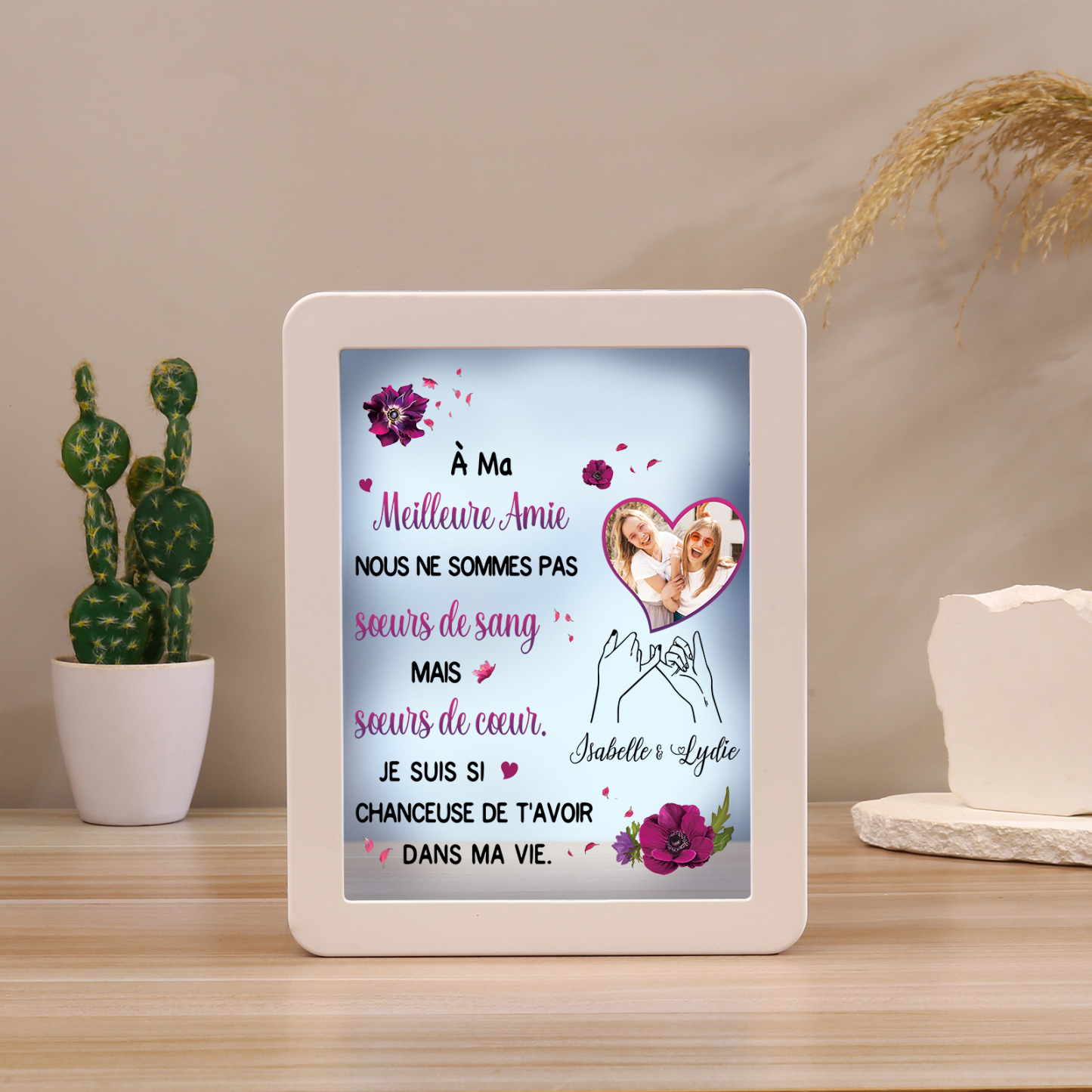 À ma Meilleure Amie - Cadre Photo/Miroir LED multifonctionnel 2 Prénoms Personnalisés avec 1 Photo