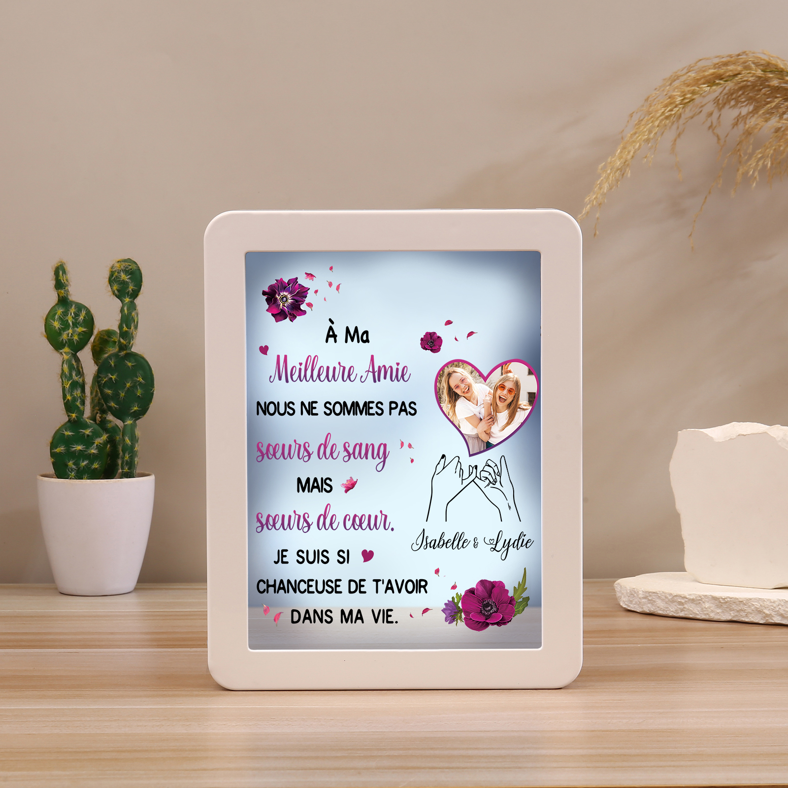 À ma Meilleure Amie - Cadre Photo/Miroir LED multifonctionnel 2 Prénoms Personnalisés avec 1 Photo