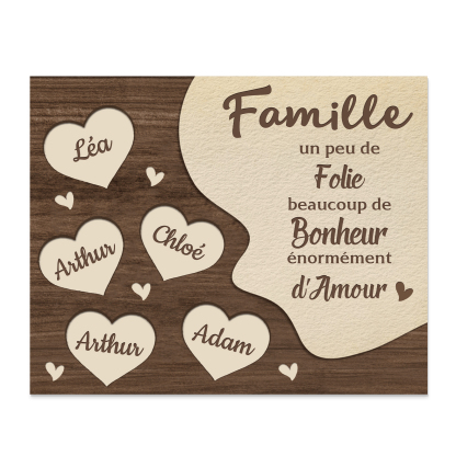 Cadre en Bois Cœur 5 Prénoms Personnalisés pour Famille