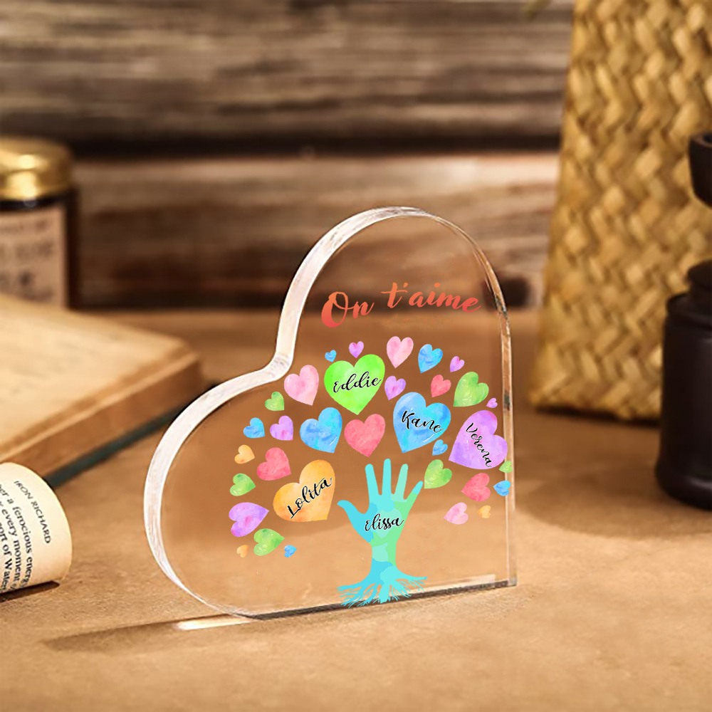 Plaque Acrylique en Forme de Cœur 5 Prénoms Personnalisés avec Texte pour Famille