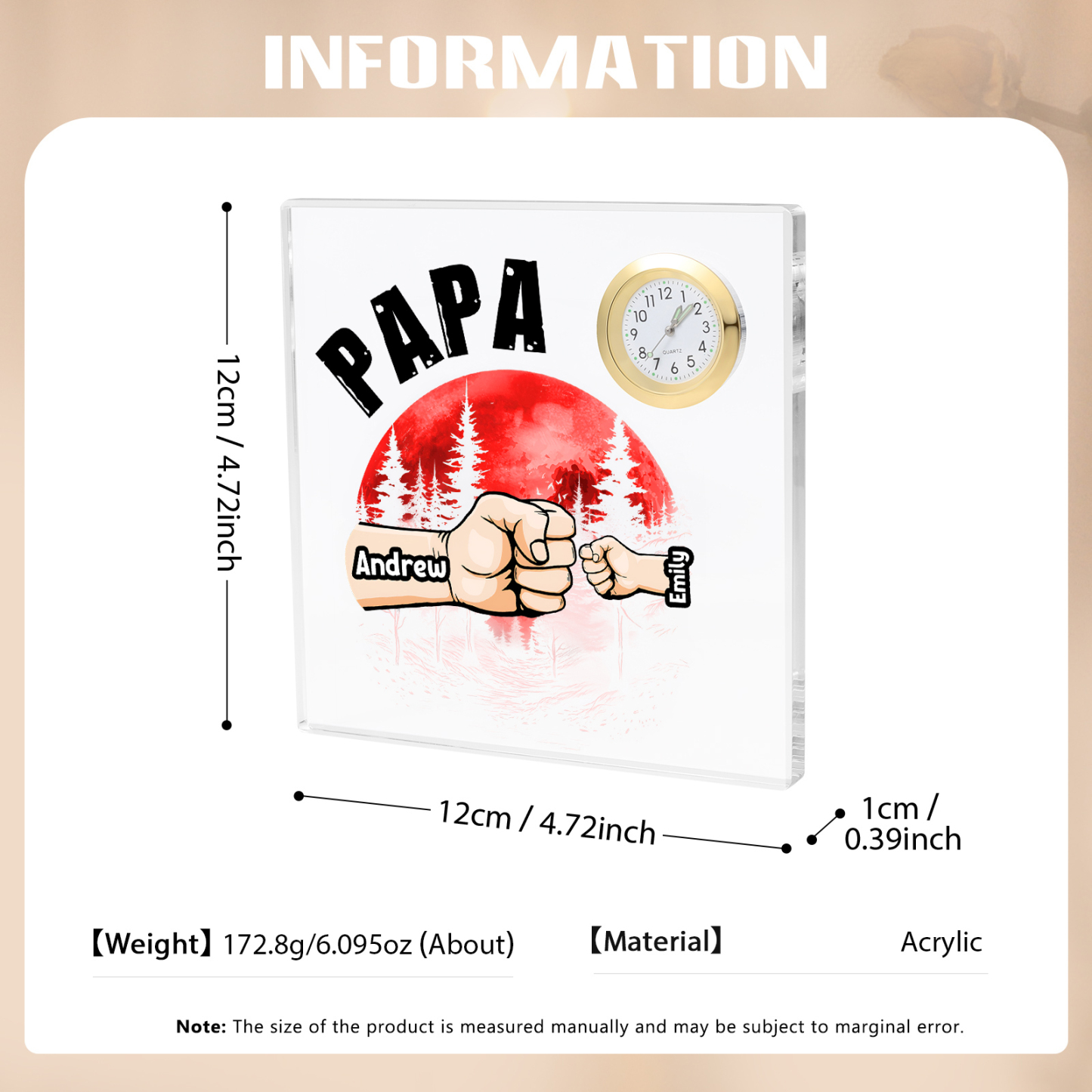 À Papa/Papi - Plaque Acrylique Poings Rectangle avec Horloge 2 Prénoms et 1 Texte Personnalisés