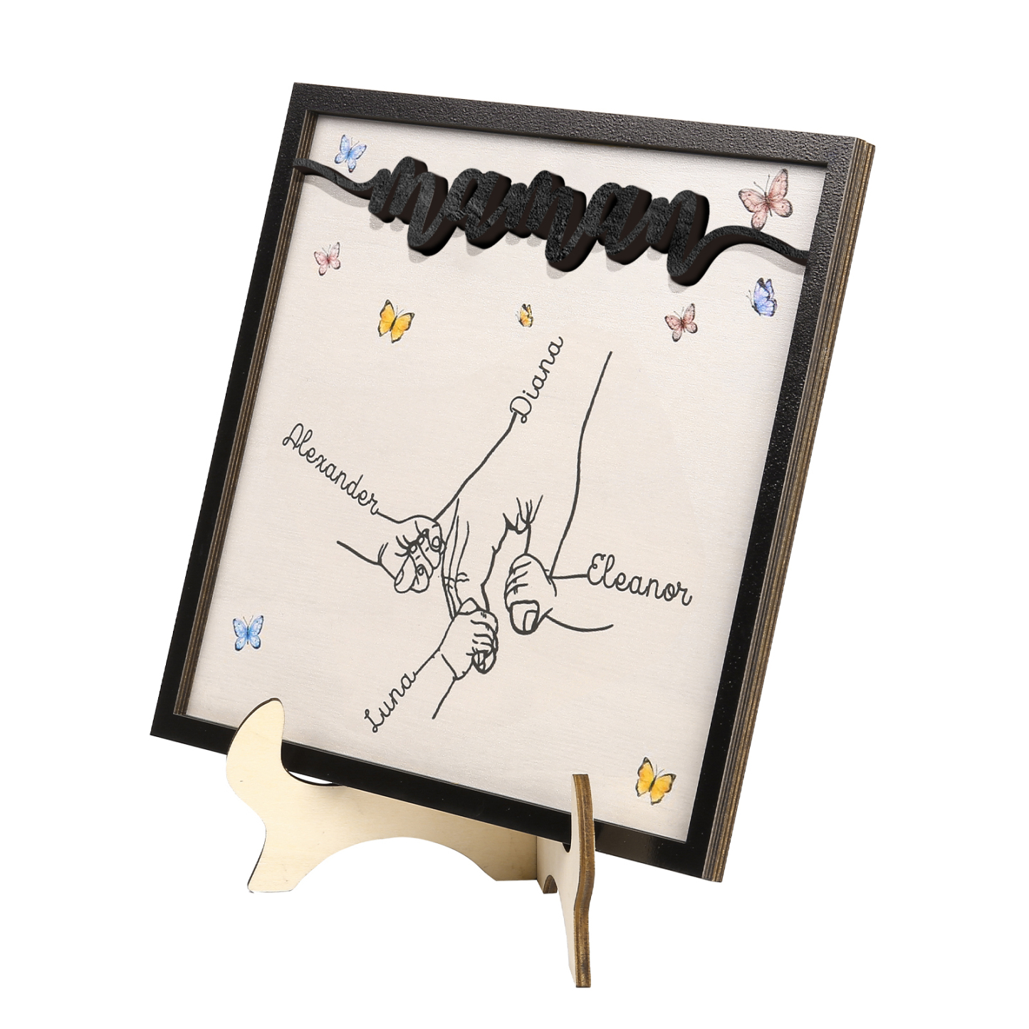 À ma Maman - Décoration en bois la Main dans la Main 4 Prénoms Personnalisés Ornement Famille