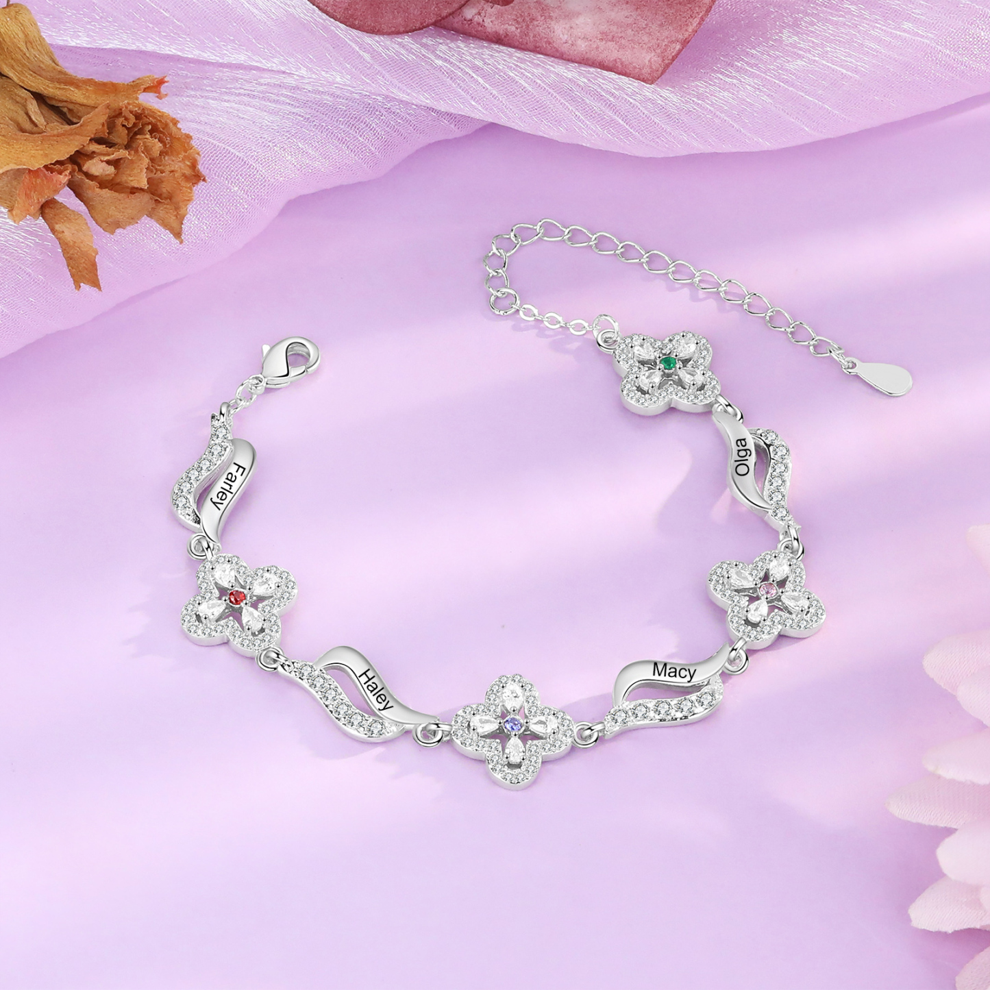 Bracelet Fleurs 4 Prénoms Personnalisés avec 4 Pierres de Naissance pour Femme | Jessemade