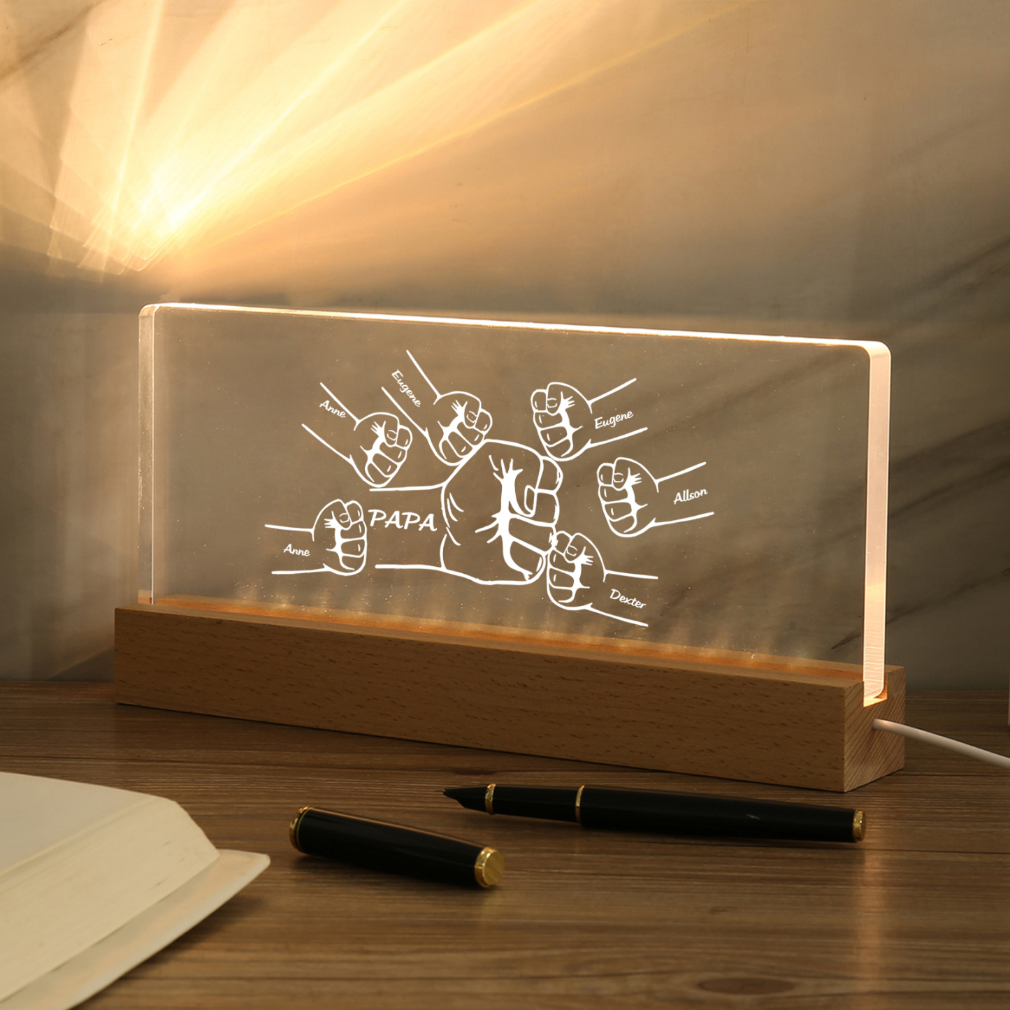 À mon Papa/Papi- Lampe de chevet LED Poings 7 Prénoms Personnalisés