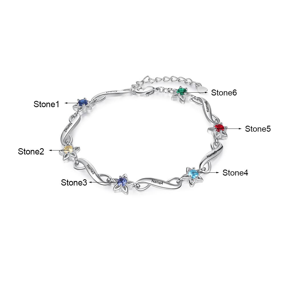Bracelet infini à Breloque 6 Prénom Personnalisé avec 6 Pierre de Naissance