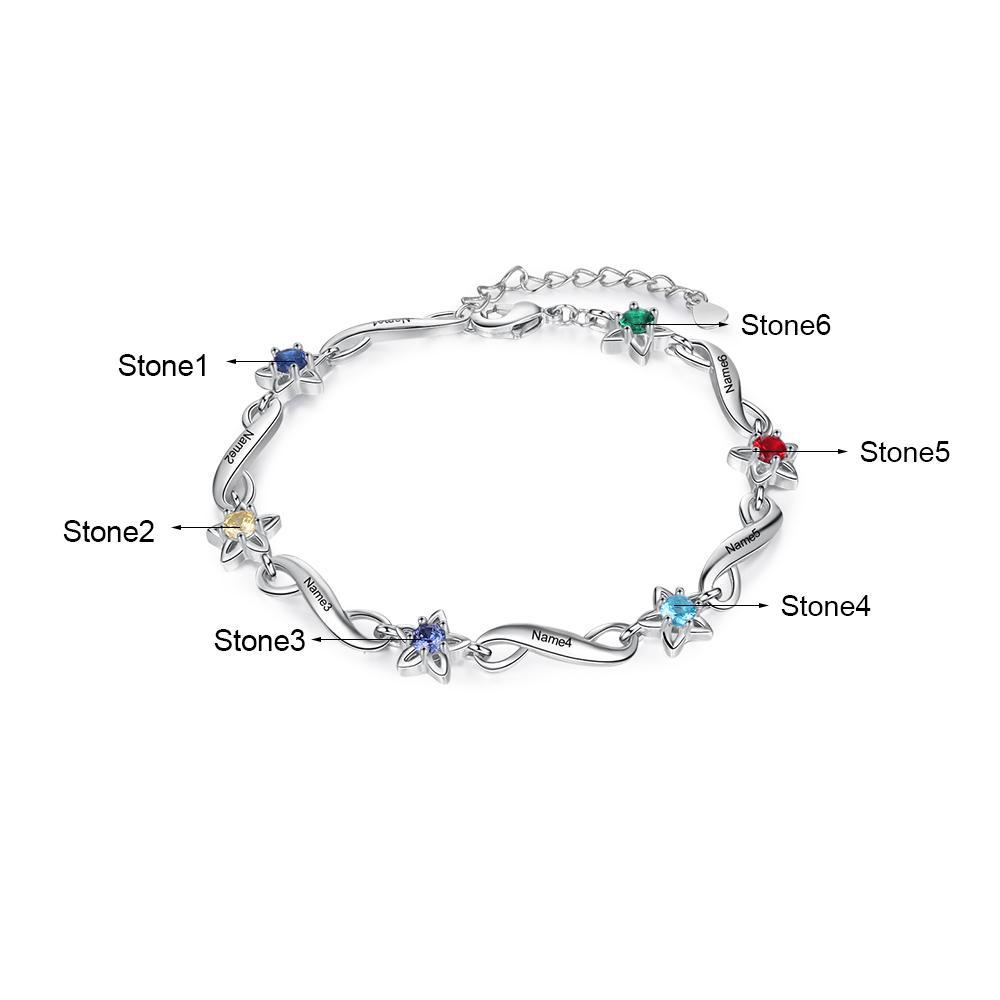 Bracelet infini à Breloque 6 Prénom Personnalisé avec 6 Pierre de Naissance