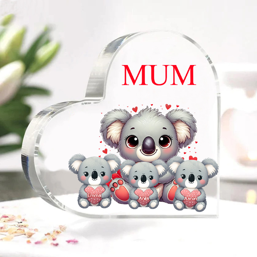 À ma Maman/Mamie - Plaque Acrylique en Forme de Cœur Koala 3 Prénoms Personnalisés avec 1 Texte