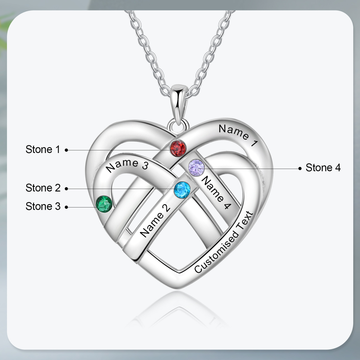 Collier Pendentif Cœur 4 Prénoms et 1 Texte Personnalisés avec 4 Pierres de Naissance Collier Femmes