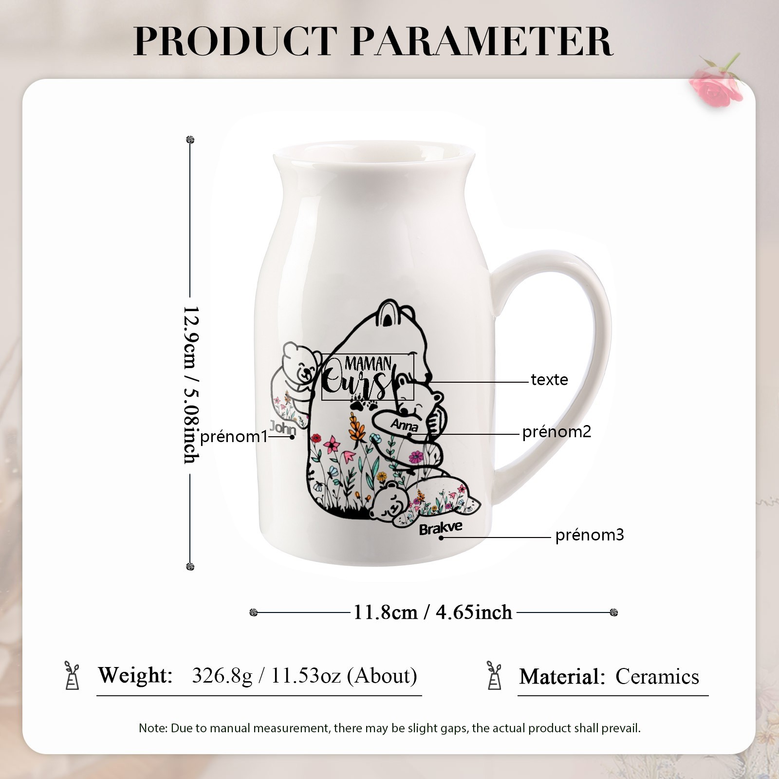 Vase à Fleurs Ours 3 Prénoms Personnalisés avec Texte Décoration de la Maison