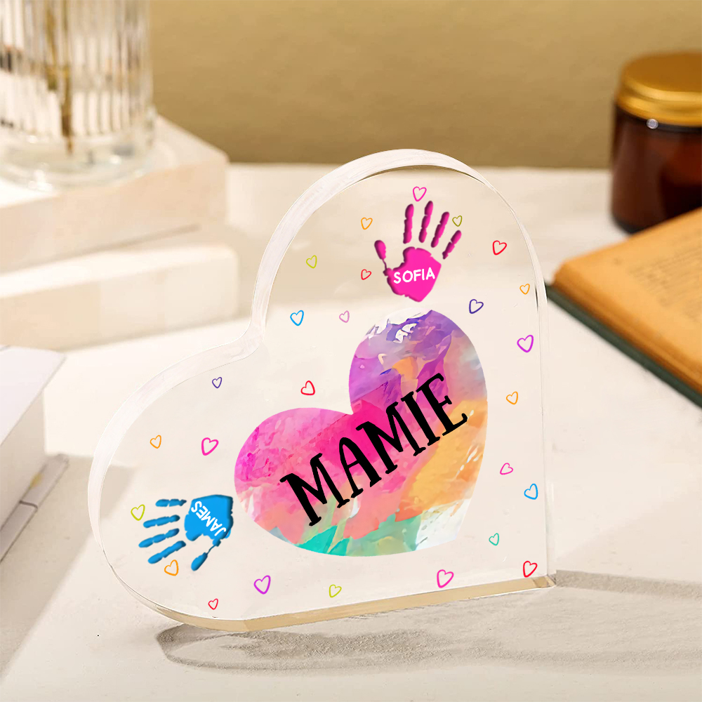 À ma Maman/Mamie - Plaque Acrylique Mains et Enfants en Forme de Cœur 3 Prénoms Personnalisés