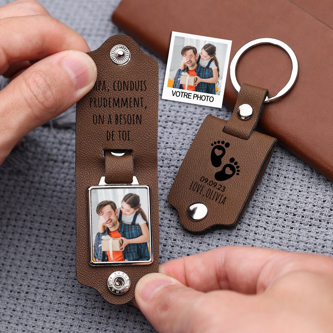 À mon Papa - Porte-Clés Cuir Date et Texte Personnalisés avec Photo