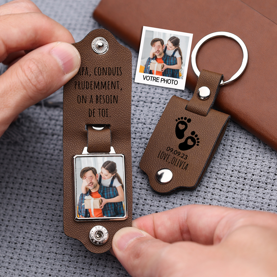 À mon Papa - Porte-Clés Cuir Date et Texte Personnalisés avec Photo
