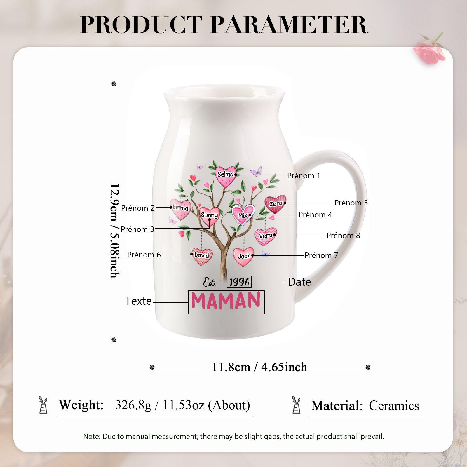 Vase à Fleurs Arbre 8 Prénoms Personnalisés avec Texte et Année Décoration de la Maison