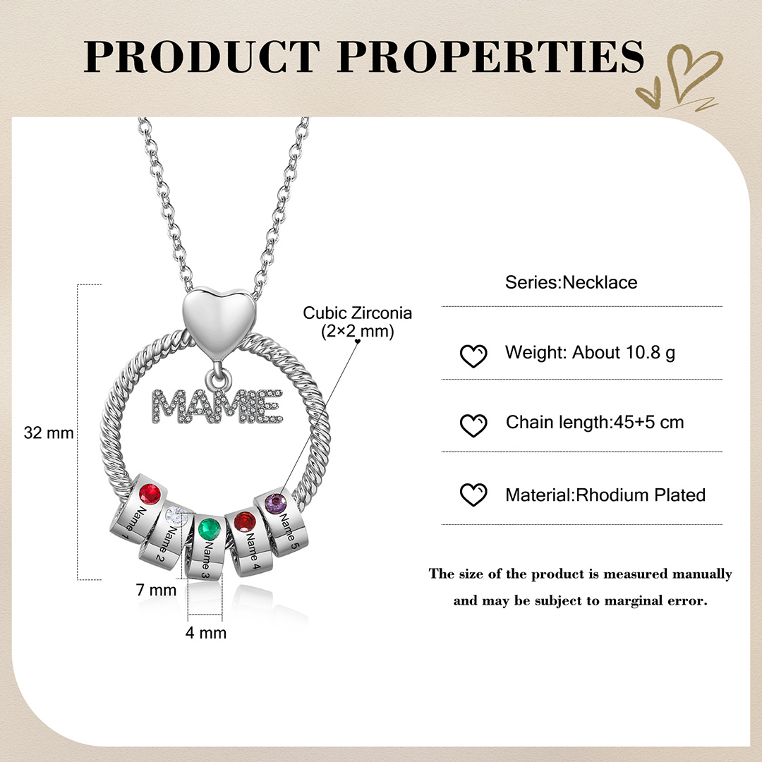À ma Mamie - Collier Personnalisé Pendentif 5 Prénoms avec Pierre de naissance|Jessemade