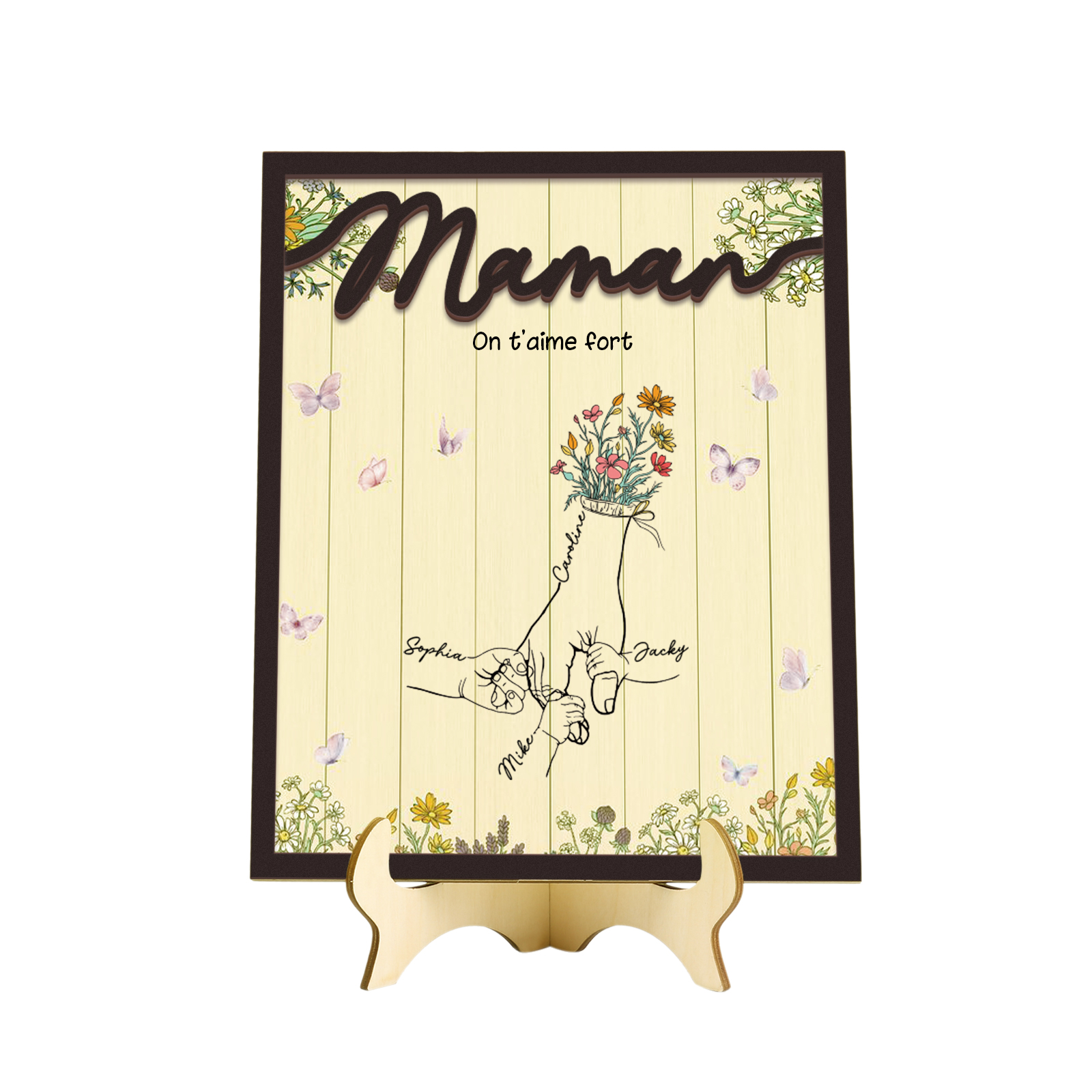 À Maman - Décoration en bois la Main dans la Main 4 Prénoms Personnalisés Ornement Famille
