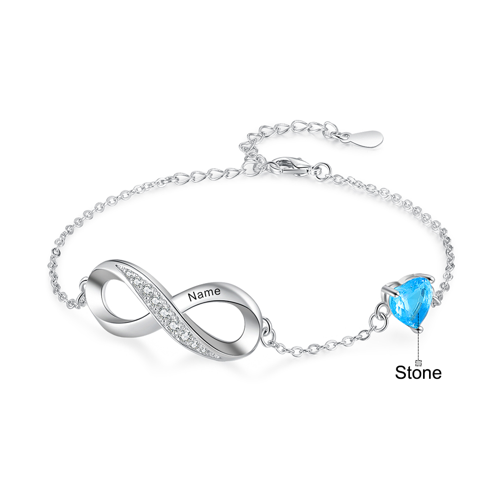 Bracelet infini à Breloque coeurs 1 Prénom Personnalisé avec 1 Pierre de Naissance