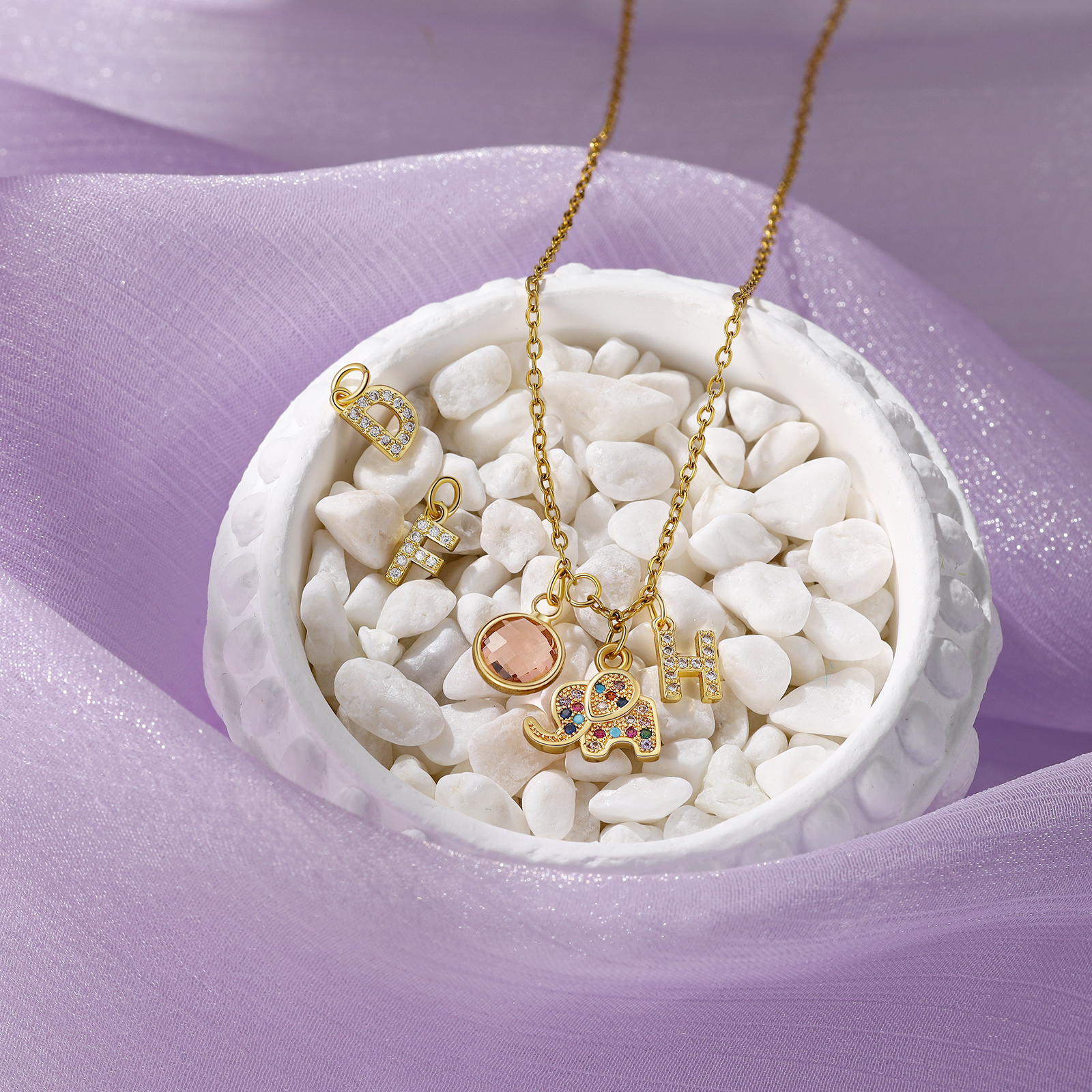 Collier Enfants Bébé Collier Éléphant 1 Pierre de Naissance et 1 Lettre pour Fille Filleule