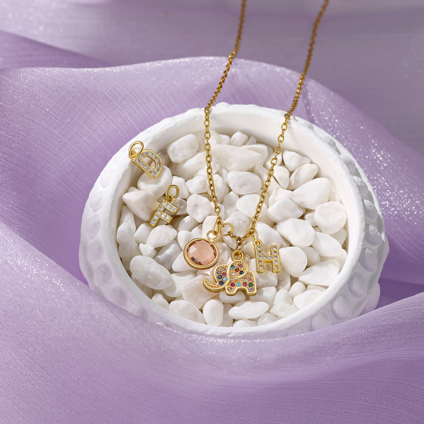 Collier Enfants Bébé Collier Éléphant 1 Pierre de Naissance et 1 Lettre pour Fille Filleule