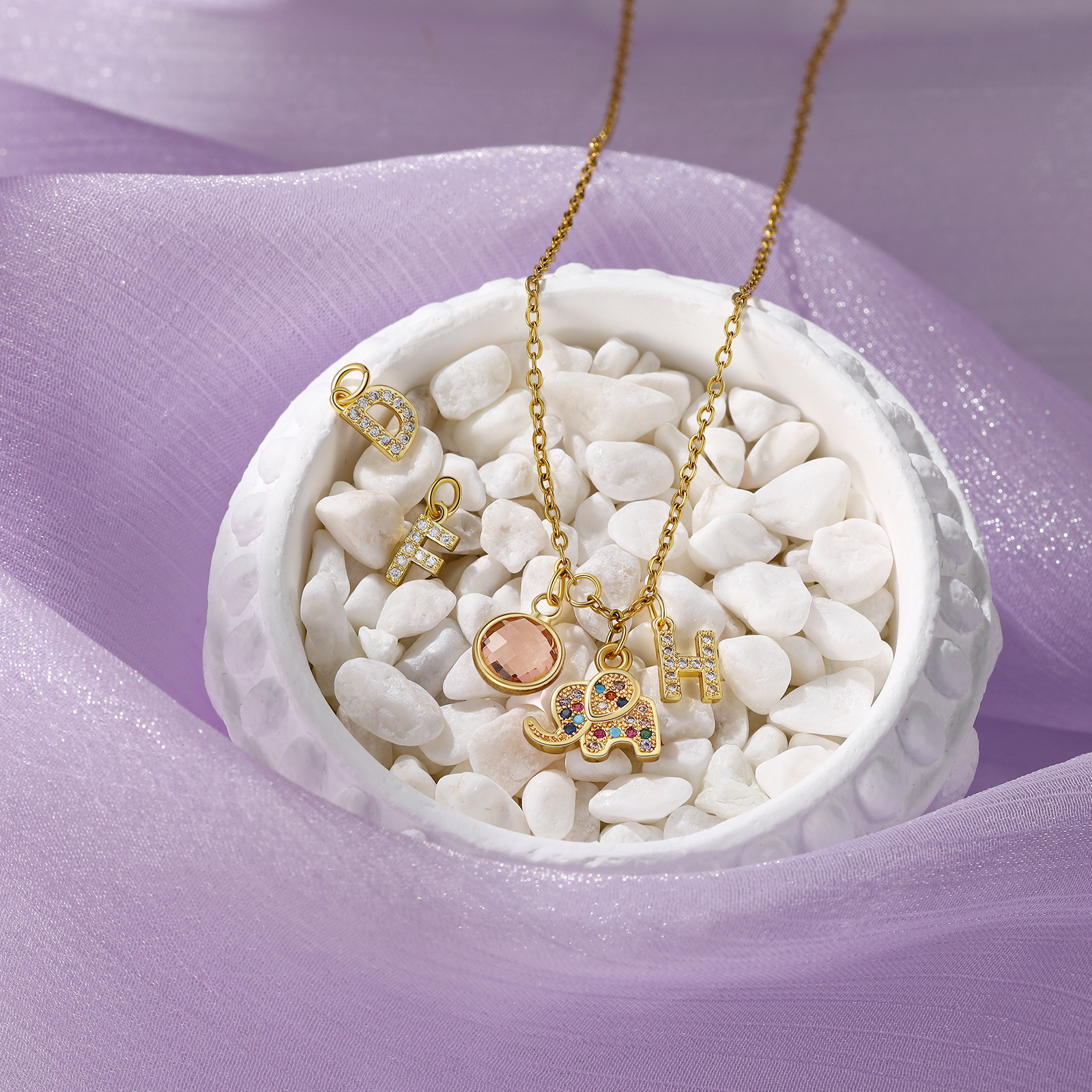 Collier Enfants Bébé Collier Éléphant 1 Pierre de Naissance et 1 Lettre pour Fille Filleule