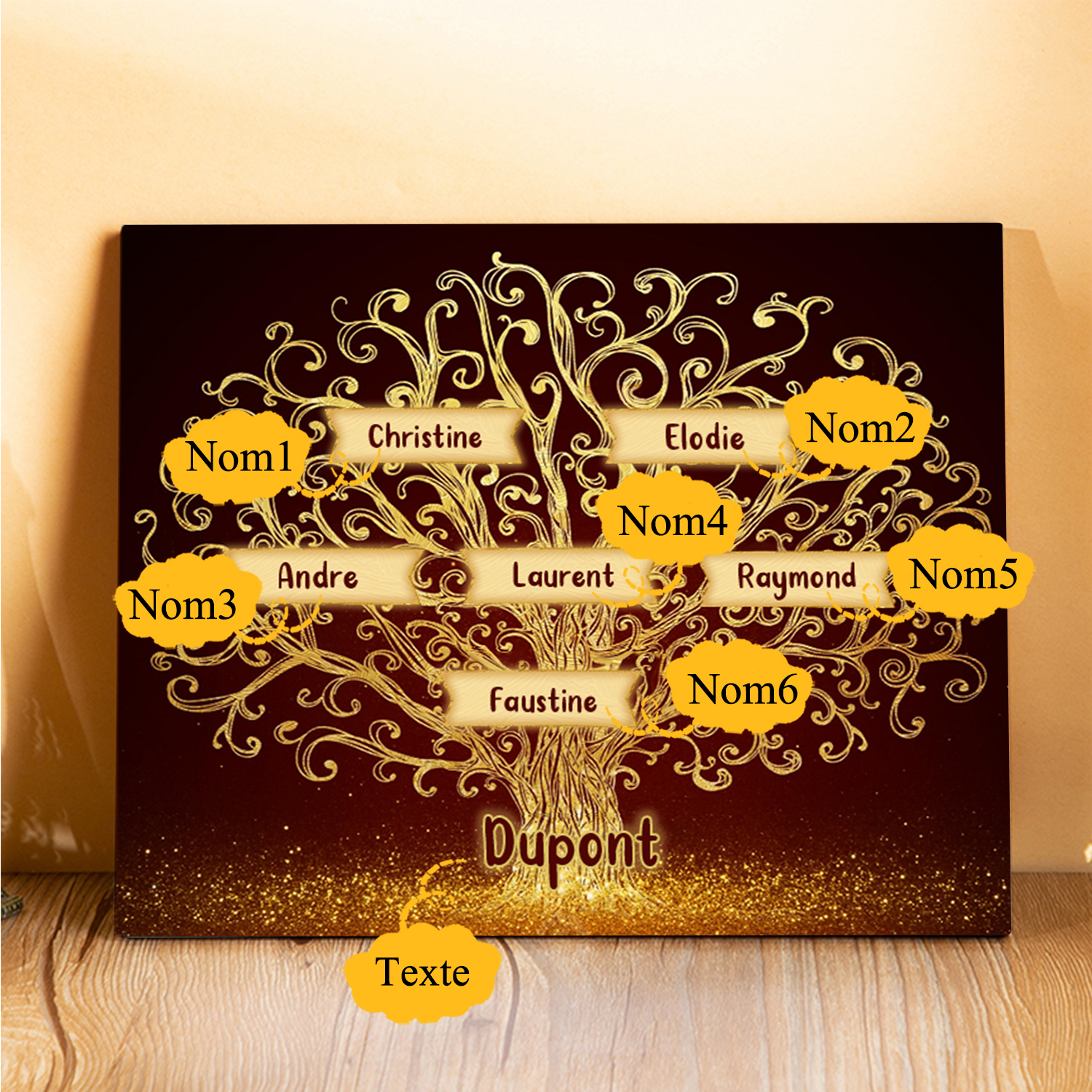 Cadre en Bois Arbre 6 Prénoms Personnalisés avec Texte Cadeau pour Famille