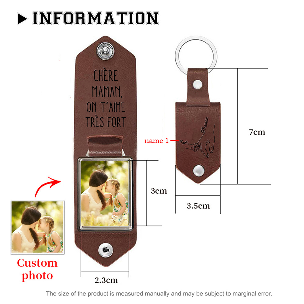 À ma Maman - Porte-Clés Cuir la Main dans la Main 1 Prénom Personnalisés avec Photo