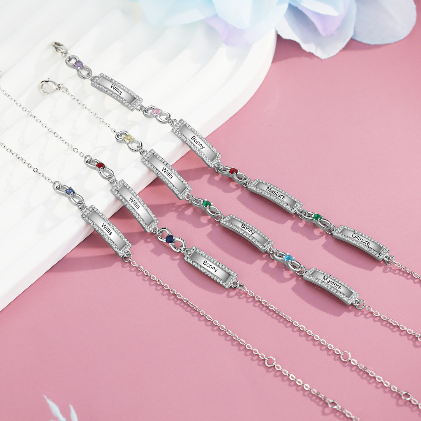 Bracelet Infini 4 Prénoms Personnalisé avec 4 Pierres de Naissance