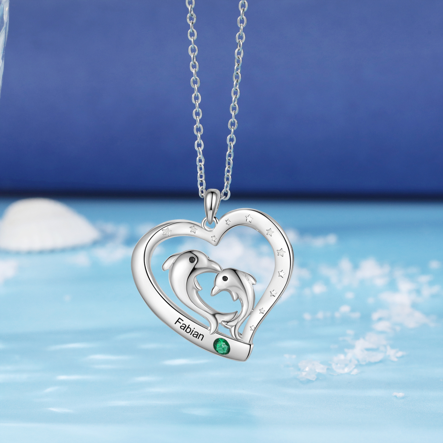 Collier Pendentif Cœur et Dauphin 1 Prénom Personnalisé avec 1 Pierre de Naissance