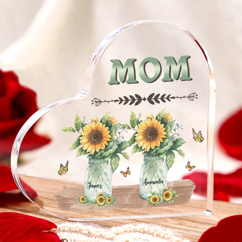 À ma Maman/Mamie - Plaque Acrylique en Forme de Cœur Fleurs 2 Prénoms Personnalisés avec 1 Texte