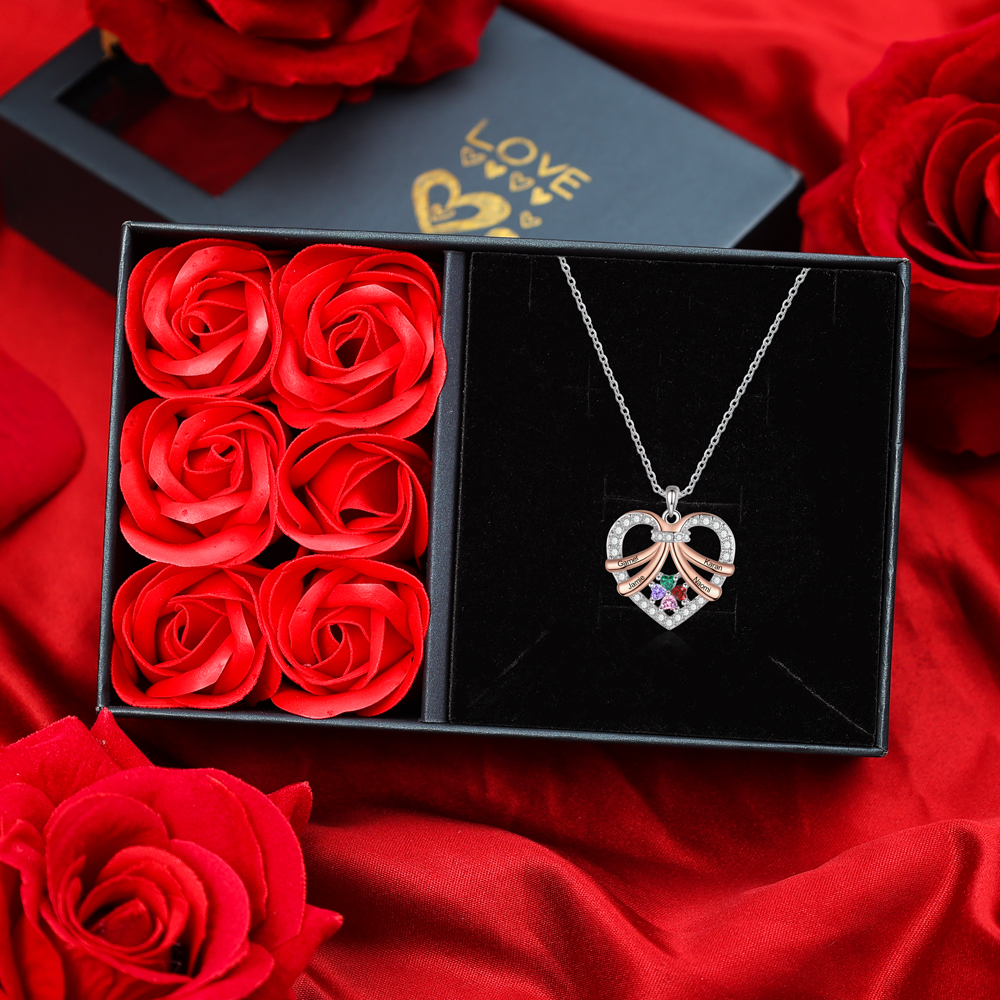 Collier Personnalisé Cœur avec 4 Prénoms et Pierres de Naissance Collier Personnalisé Pour Femme｜Jessemade