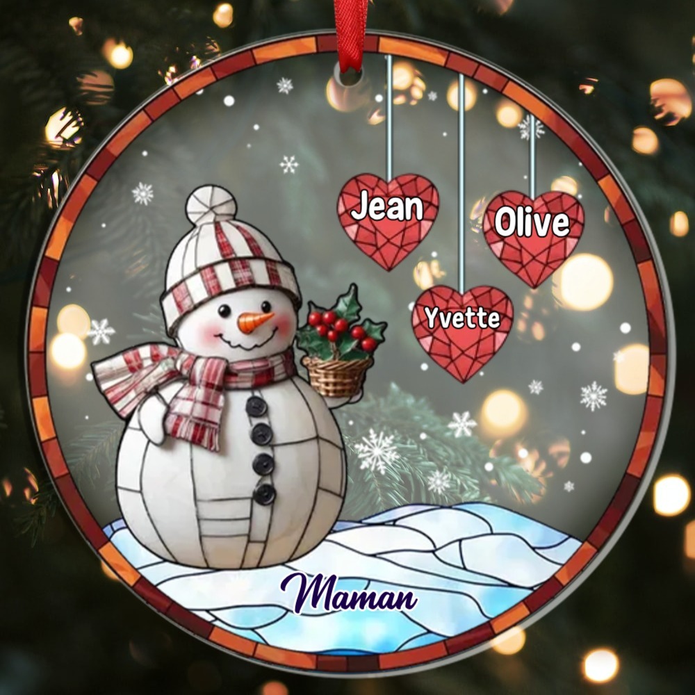 Décoration Sapin Noël Acrylique Bonhomme de Neige et Cœurs 1-10 Prénoms Personnalisés Cadeau pour Famille | Jessemade