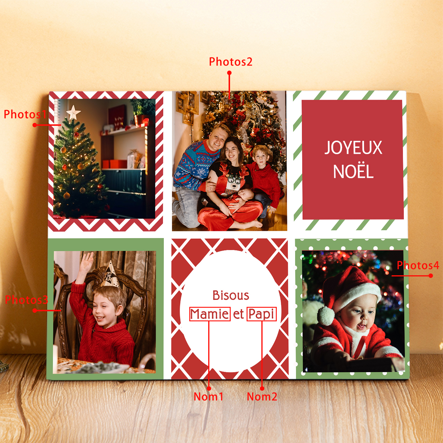 À ma Famille - Cadre en Bois de Noël 4 Photos Personnalisées avec 2 Prénoms | Jessemade
