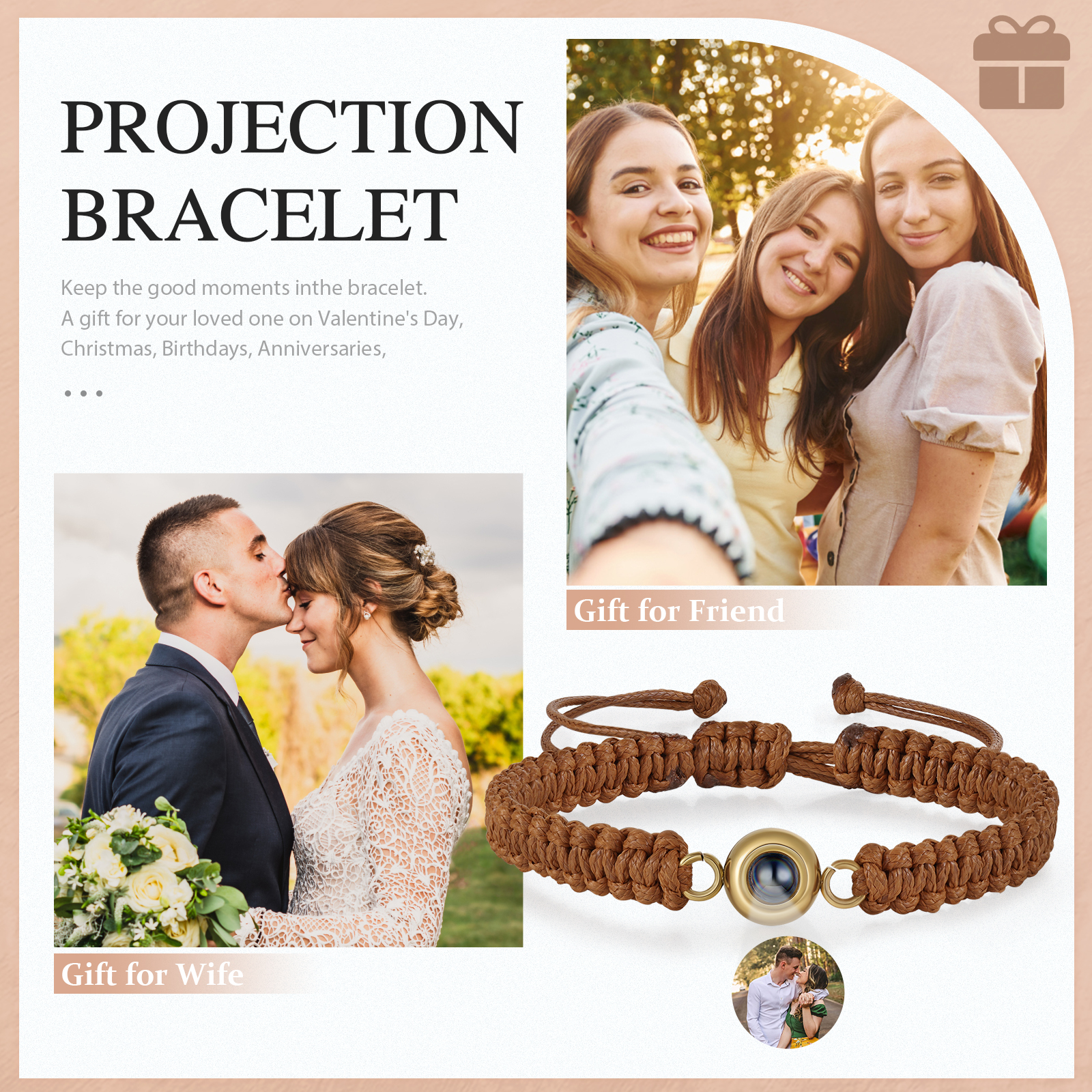 Bracelet Projection de Pierre avec Photo Personnalisée pour couple