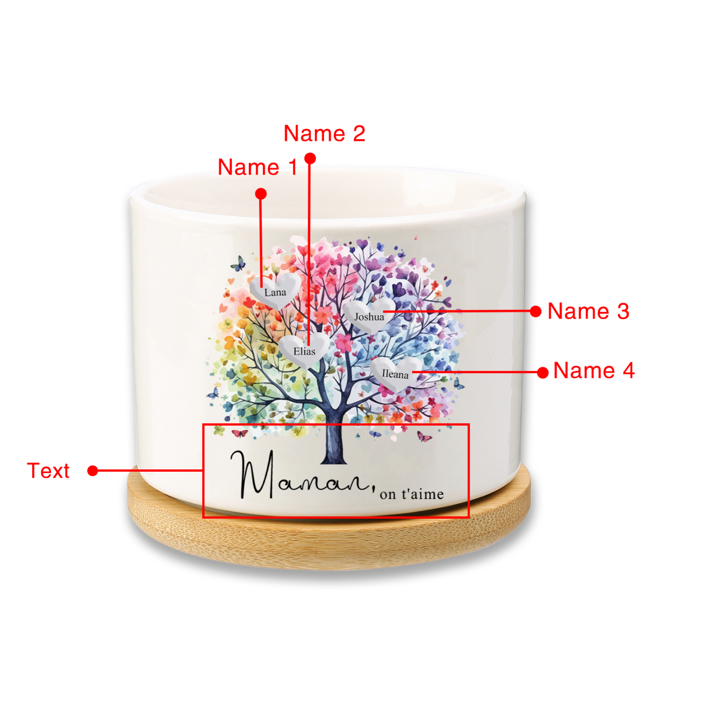 Vase/Pot de Fleurs Arbre 4 Prénoms Personnalisés avec Texte Décoration de la Maison (sans plantes)