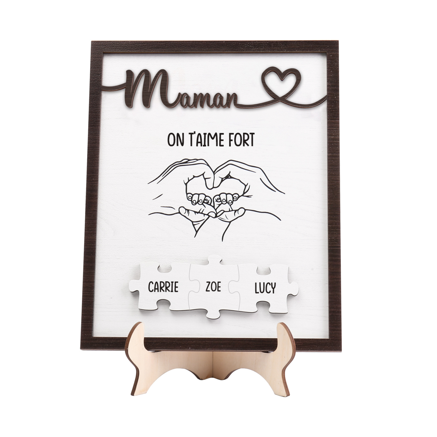 À Maman - Décoration en bois Mains et Puzzles 3 Prénoms et 1 Texte Personnalisés Ornement Famille