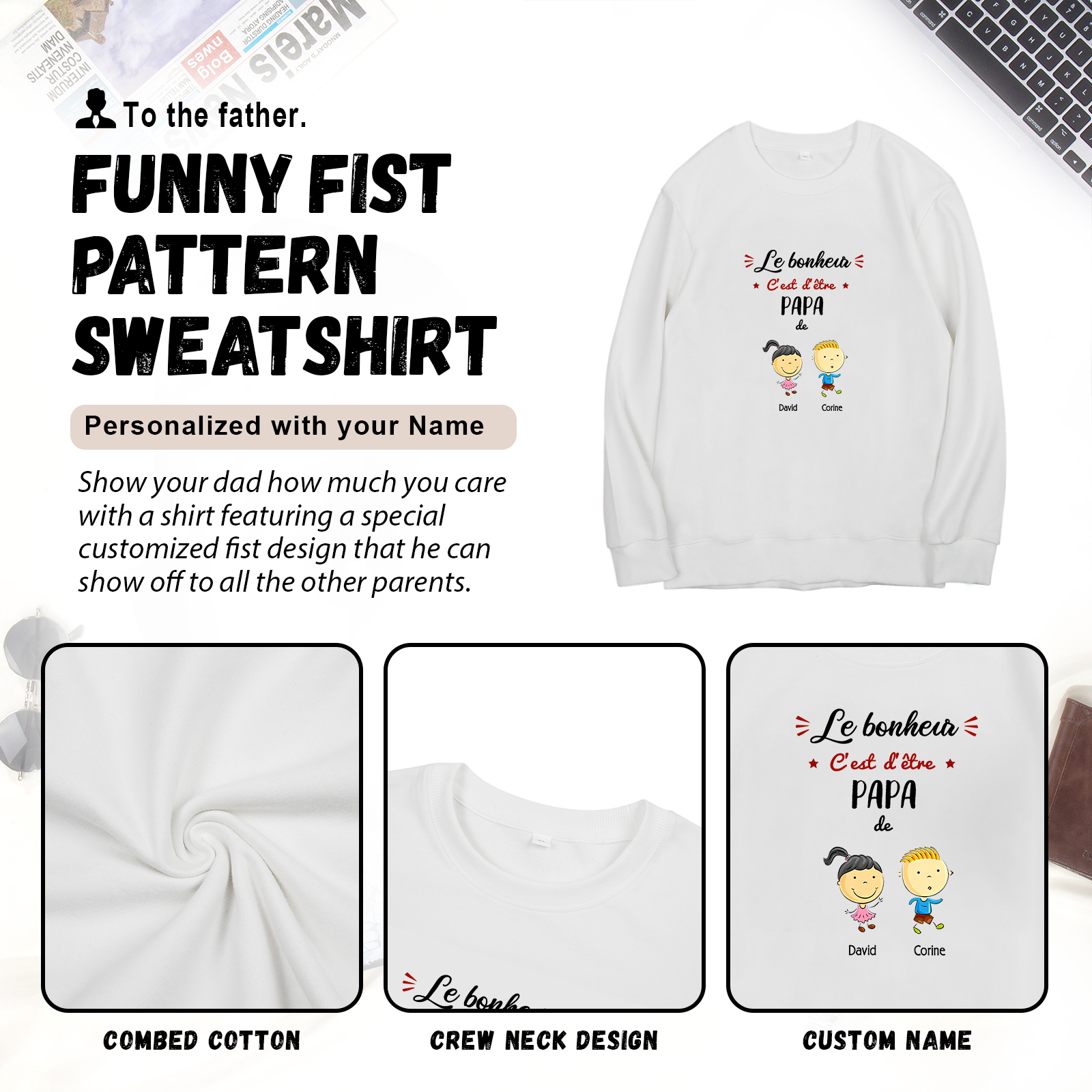 Sweat-Shirt 2 Enfants 2 Prénoms Personnalisés avec Texte