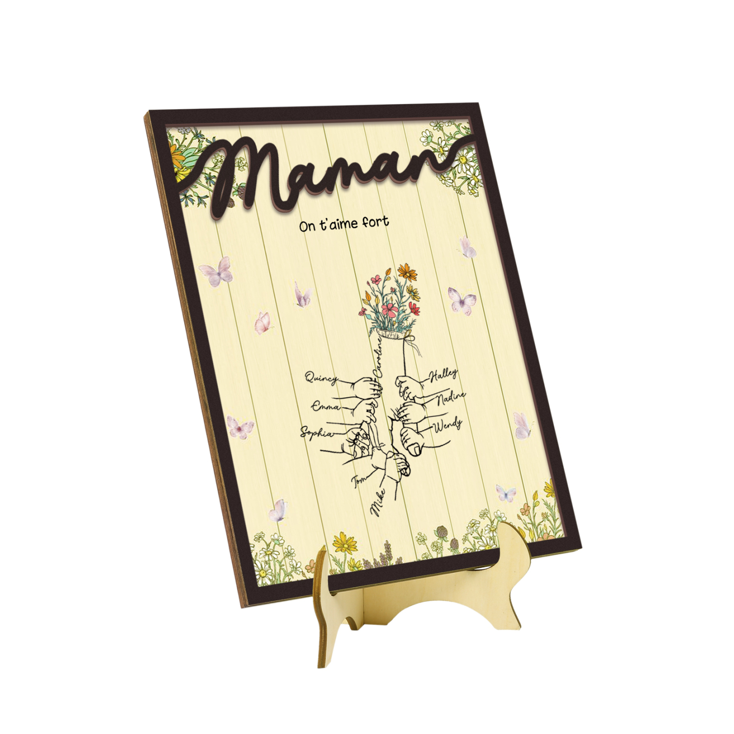 À Maman - Décoration en bois la Main dans la Main 9 Prénoms Personnalisés Ornement Famille